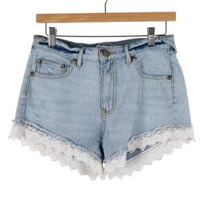 Free People Denim Shorts Size‎ W 26 Light Wash Lace Trim Distressed Streetwear